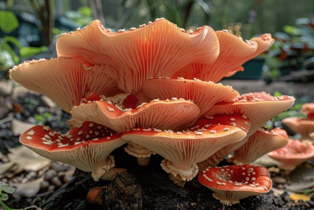 Gros plan sur des champignons orange avec des formes ondulées et texturées