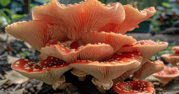 Gros plan sur des champignons orange avec des formes ondulées et texturées