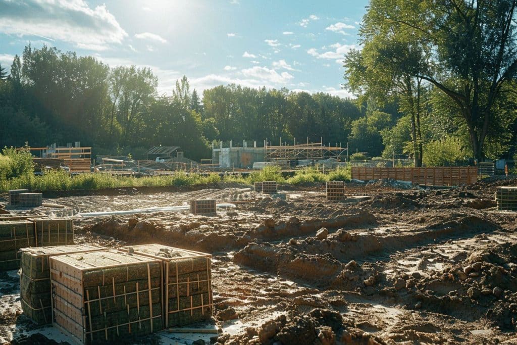 Chantier de construction en pleine nature avec des matériaux et des outils