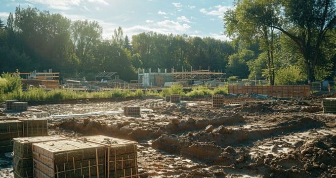 Chantier de construction en pleine nature avec des matériaux et des outils