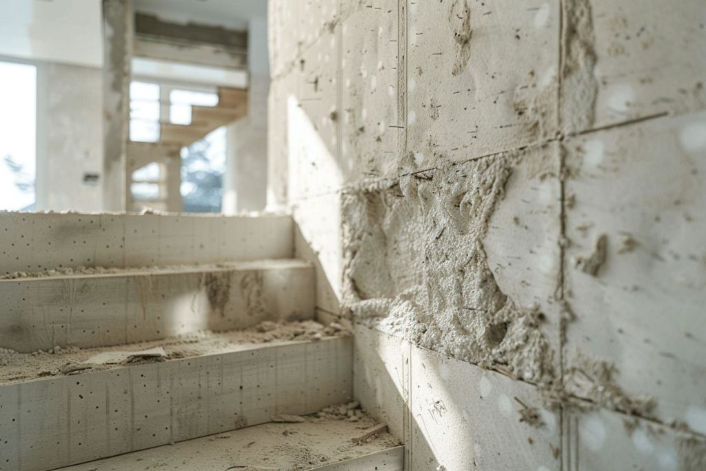 Image d'un escalier en béton délabré dans un bâtiment abandonné.