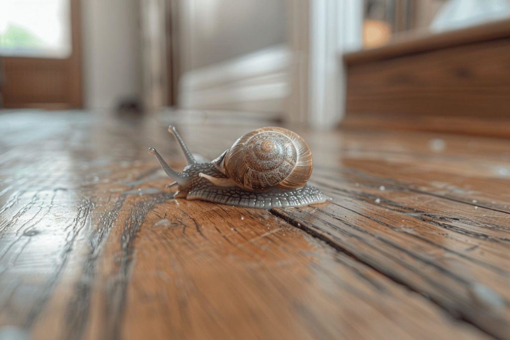 Un escargot brun posé sur un parquet en bois vieilli
