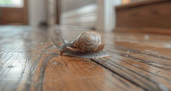 Un escargot brun posé sur un parquet en bois vieilli