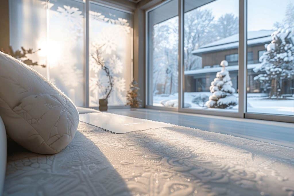 Paysage enneigé à travers une fenêtre avec un coussin décoratif