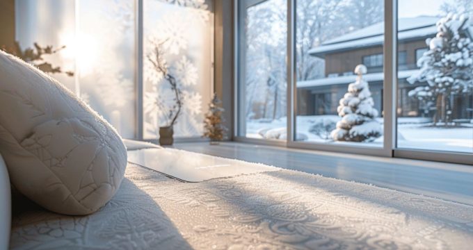 Paysage enneigé à travers une fenêtre avec un coussin décoratif