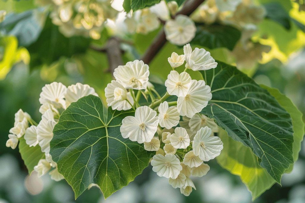 Gros plan sur des fleurs blanches délicates avec des feuilles vertes