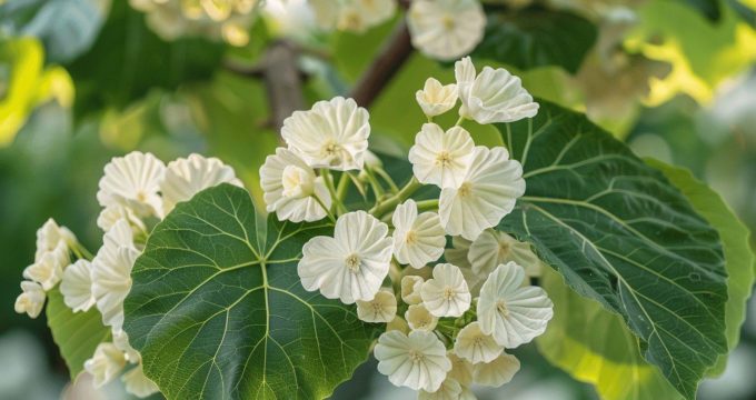 Gros plan sur des fleurs blanches délicates avec des feuilles vertes