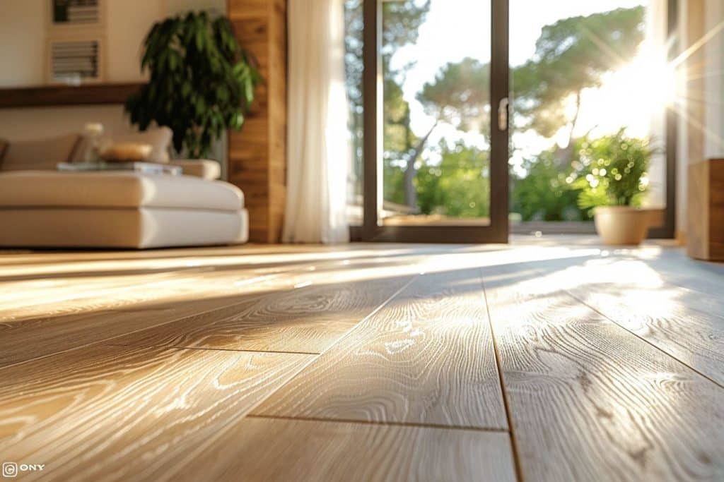Plancher en bois naturel, fenêtre avec vue verdoyante, plante verte