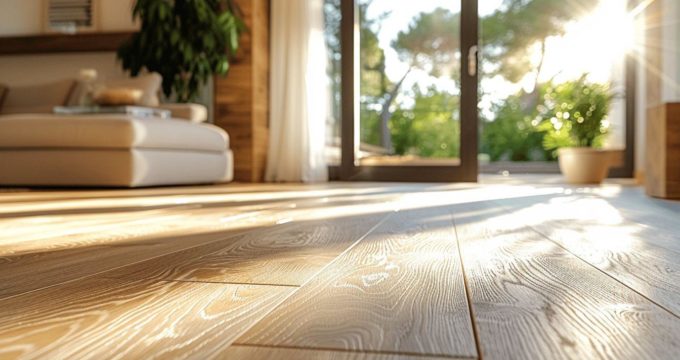 Plancher en bois naturel, fenêtre avec vue verdoyante, plante verte