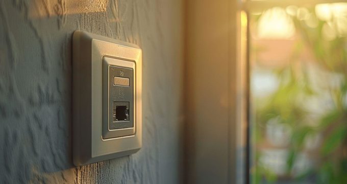 Interrupteur mural dans un espace intérieur baigné de lumière naturelle