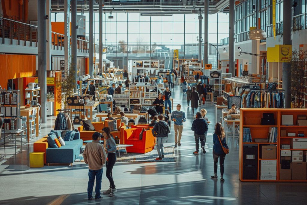 Intérieur d'un grand magasin rempli de gens et de meubles colorés