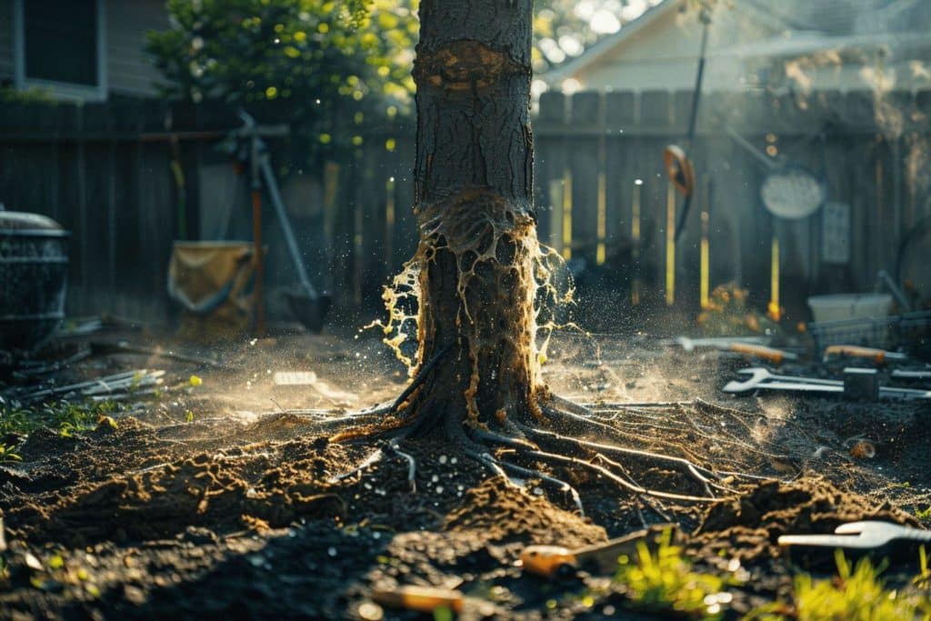 Gros plan sur les racines d'un arbre émergeant du sol avec éclaboussures de terre