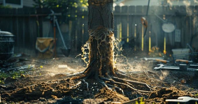 Gros plan sur les racines d'un arbre émergeant du sol avec éclaboussures de terre