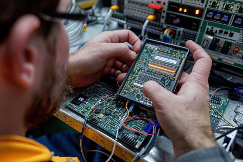 Mains d'un technicien réparant un circuit électronique complexe