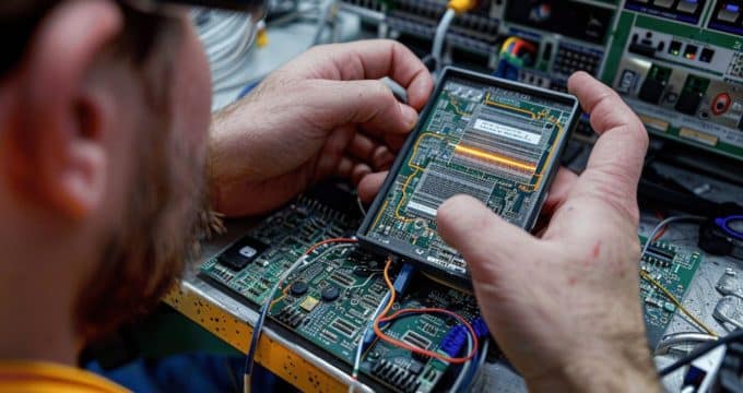 Mains d'un technicien réparant un circuit électronique complexe