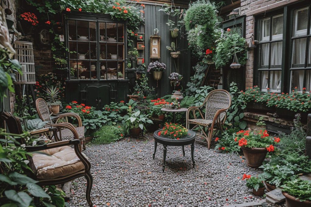 Cour intérieure luxuriante avec plantes, mobilier de jardin et décoration vintage.