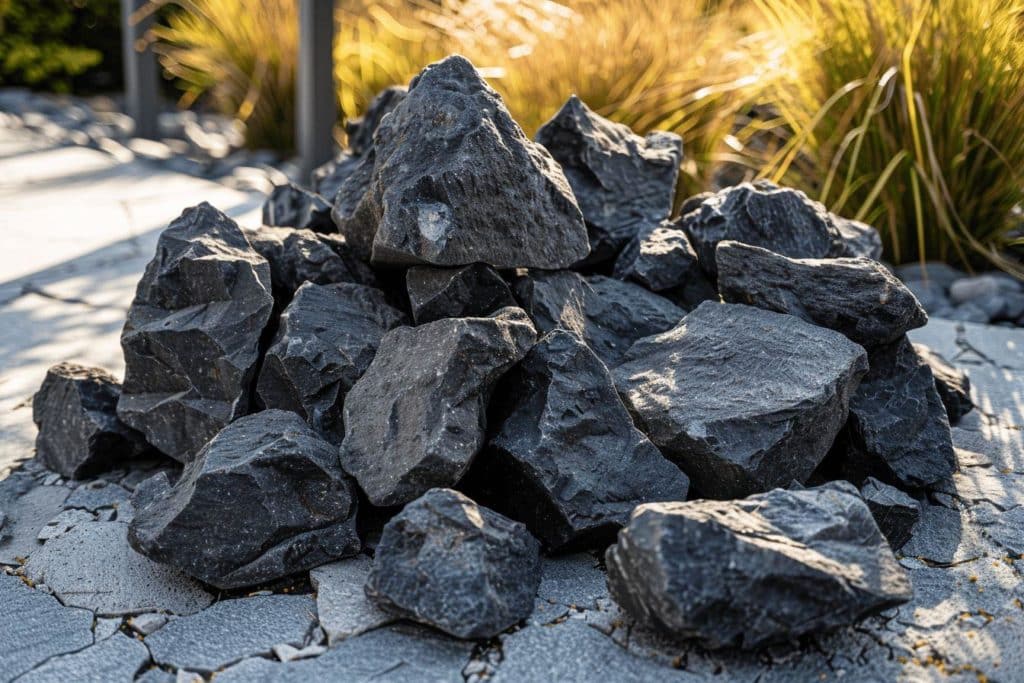 Amas de roches sombres et anguleuses dans un paysage doré