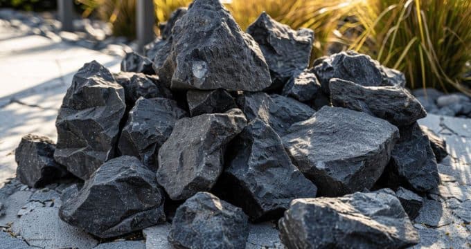 Amas de roches sombres et anguleuses dans un paysage doré