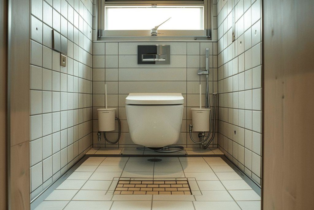 Une salle de bain moderne et épurée avec des carrelages gris clair.