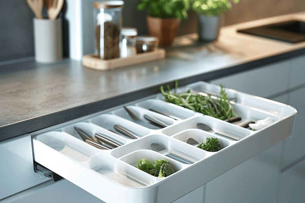 Un tiroir de cuisine avec des compartiments pour ranger les ustensiles et les légumes