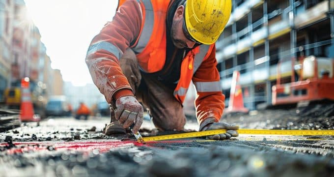 Travailleur vêtu d'un gilet de sécurité orange mesurant avec un ruban de mesure