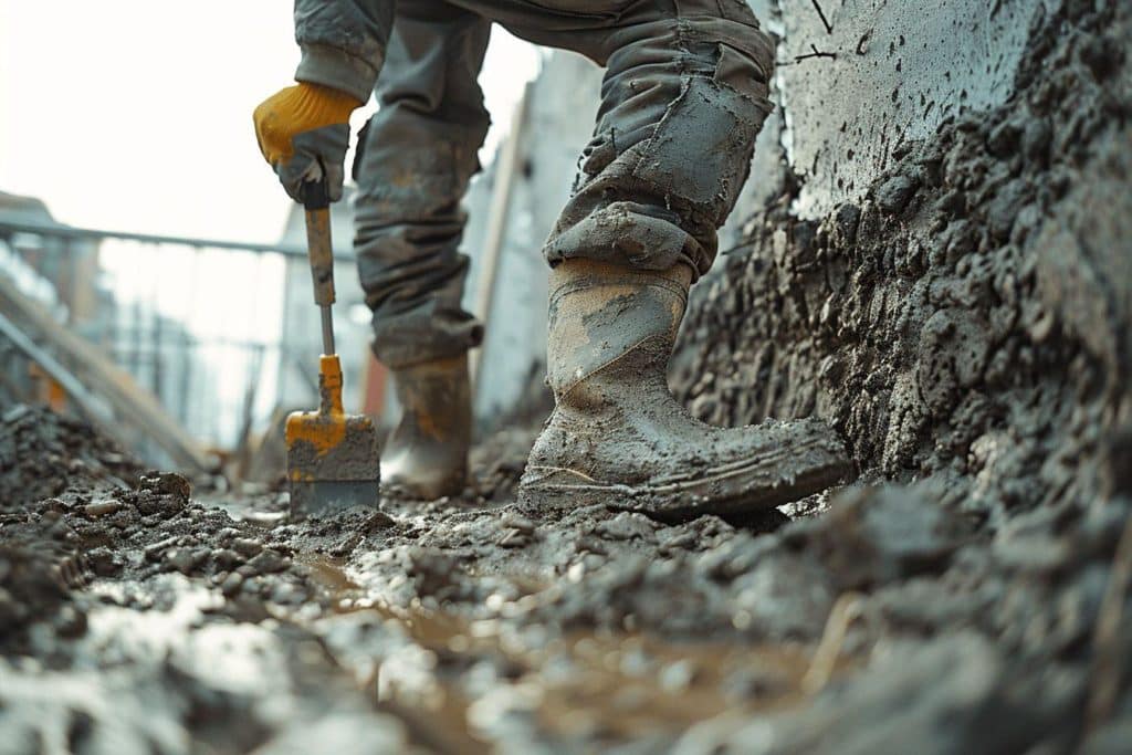Gros plan sur les bottes de travailleur dans la boue et les graviers