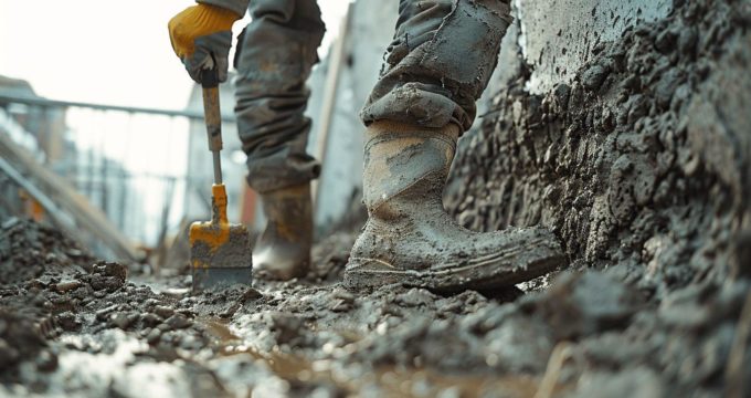Gros plan sur les bottes de travailleur dans la boue et les graviers