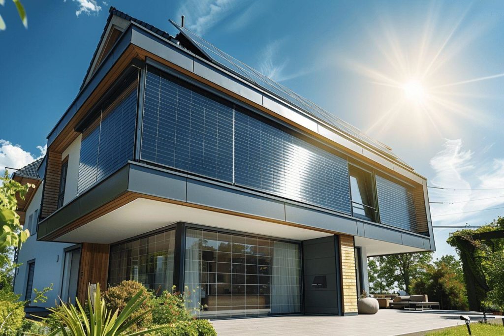 Façade d'une maison contemporaine avec panneaux solaires et baies vitrées.