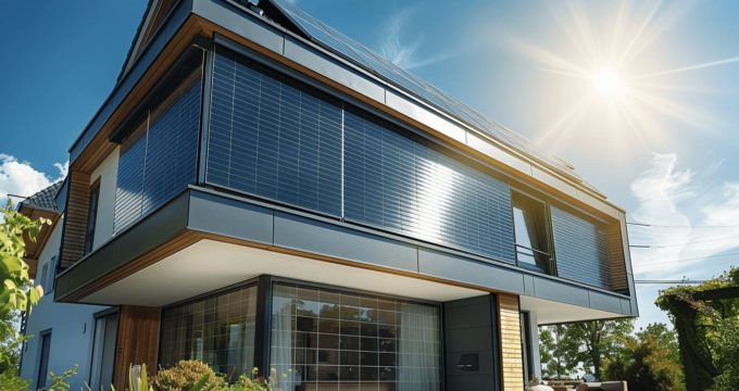 Façade d'une maison contemporaine avec panneaux solaires et baies vitrées.