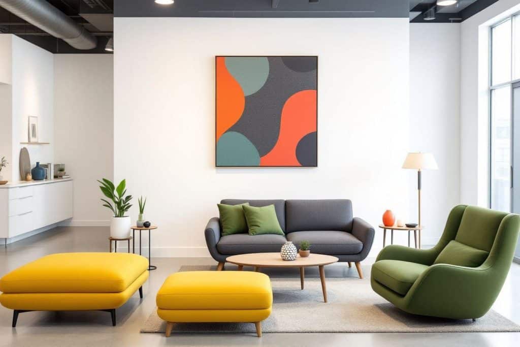 Intérieur salon avec canapé gris, fauteuils jaune et vert