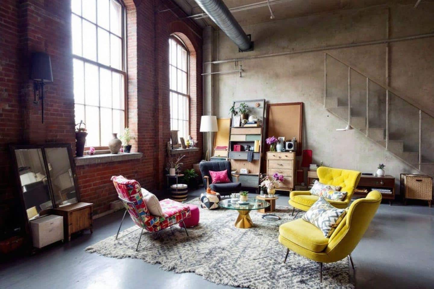 Salon industriel avec fauteuils jaunes et colorés sur tapis