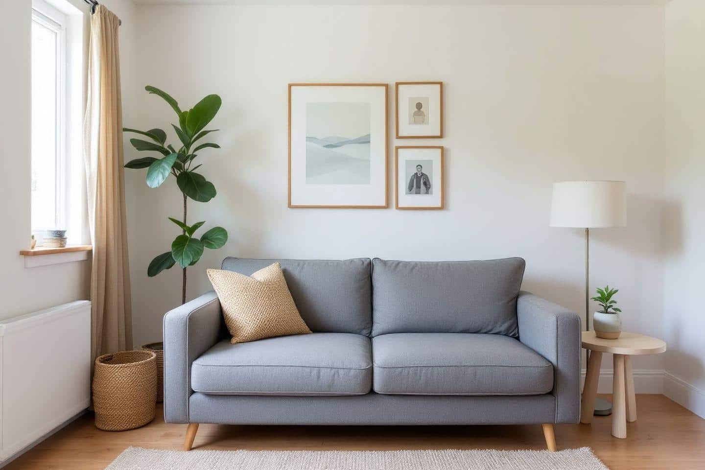 Canapé gris avec plante et cadres muraux dans un intérieur lumineux