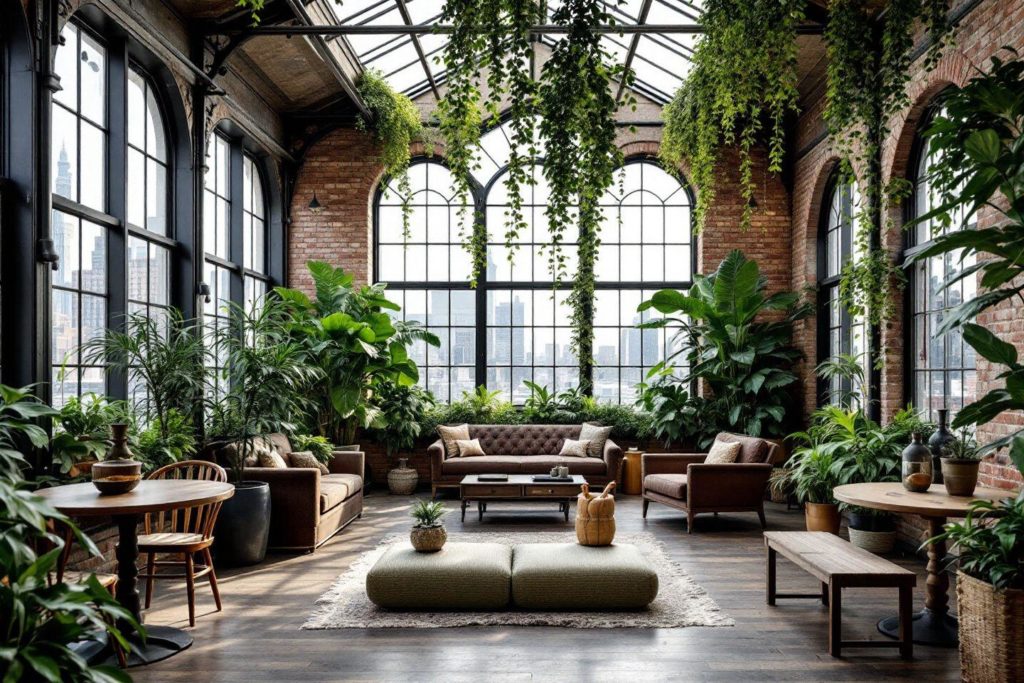 Intérieur verdoyant avec plantes, canapés et grandes fenêtres