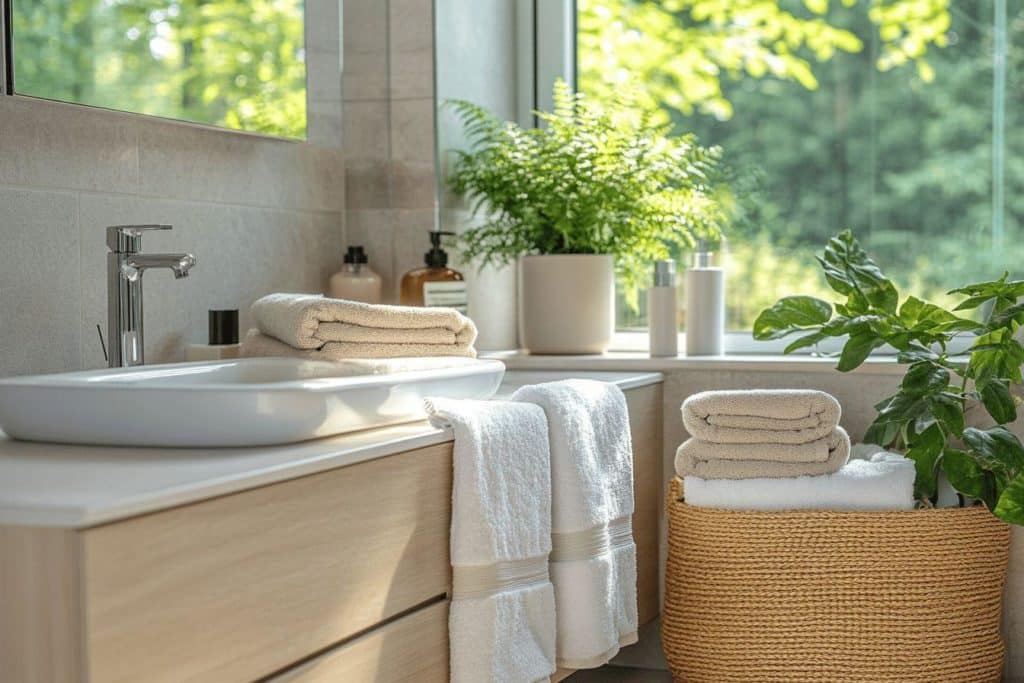 Lavabo blanc avec serviettes et plantes près de la fenêtre