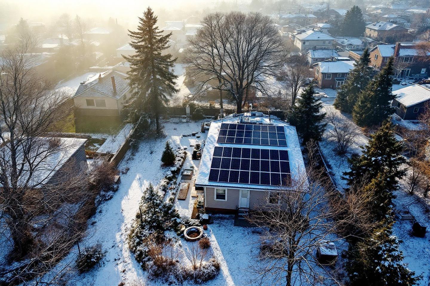 Maison avec installation solaire dans un quartier enneigé