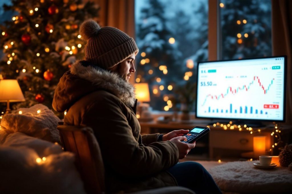 Investisseur en hiver regardant graphique boursier et calculatrice