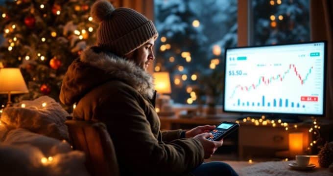 Investisseur en hiver regardant graphique boursier et calculatrice