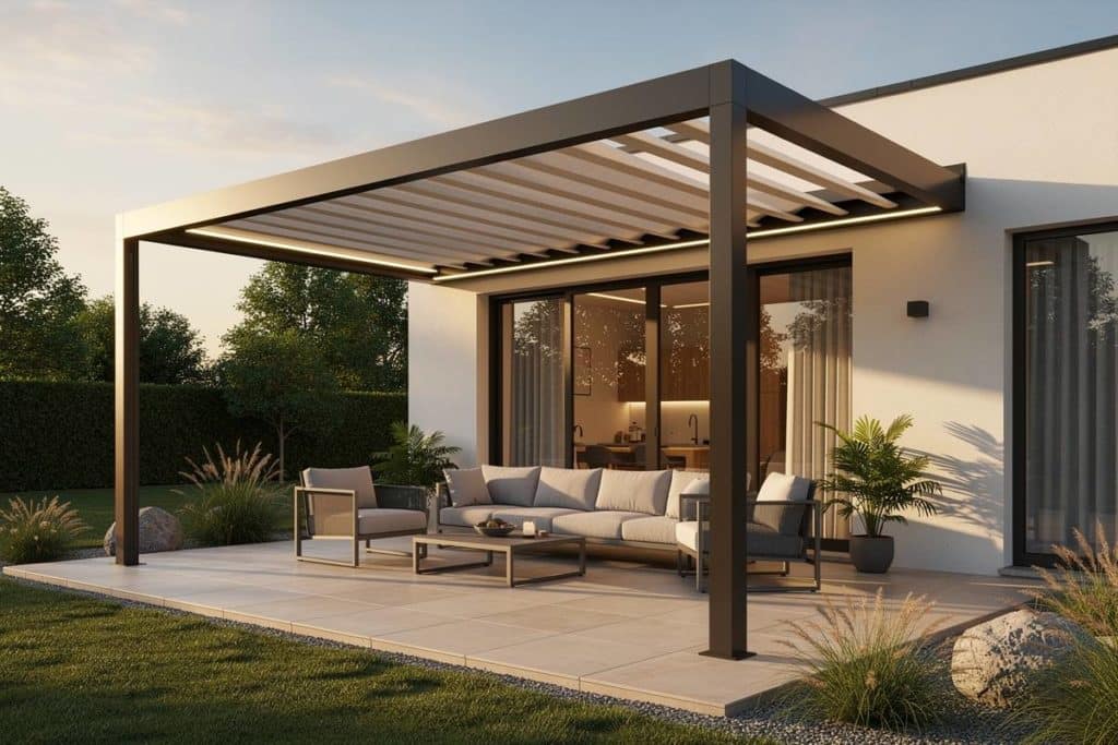 pergola bioclimatique avec salon de jardin