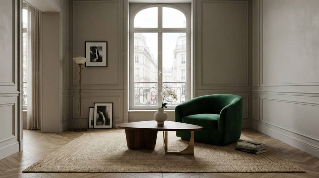Un salon parisien élégant avec un fauteuil vert velours, une table basse en bois design et une grande fenêtre haussmannienne.