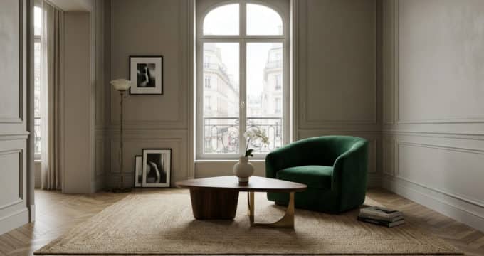 Un salon parisien élégant avec un fauteuil vert velours, une table basse en bois design et une grande fenêtre haussmannienne.
