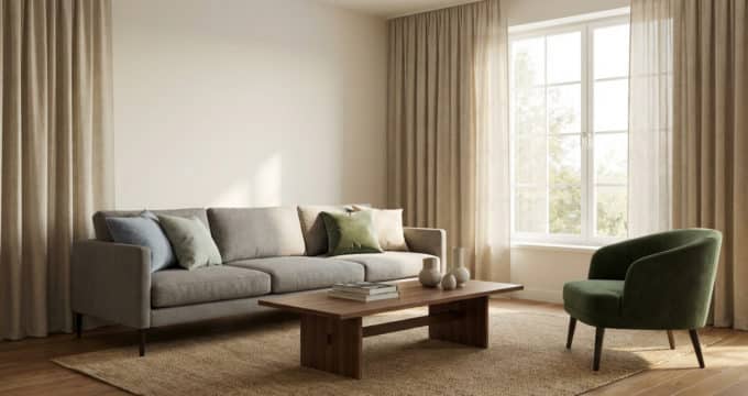 Un salon moderne et lumineux avec canapé gris, fauteuil vert, table basse bois, tapis jute et rideaux clairs.