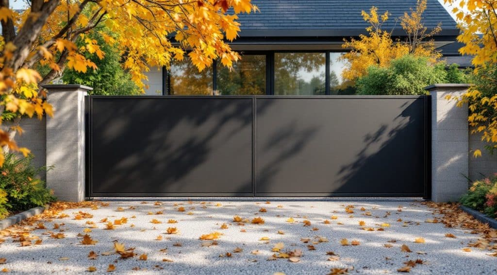 Portail sans rail au sol devant une maison avec entrée gravillonnée
