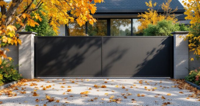 Portail sans rail au sol devant une maison avec entrée gravillonnée
