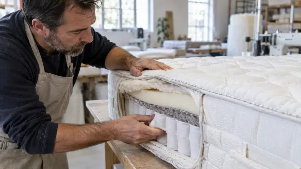Artisan contrôlant les différentes couches d’un matelas dans un atelier de fabrication