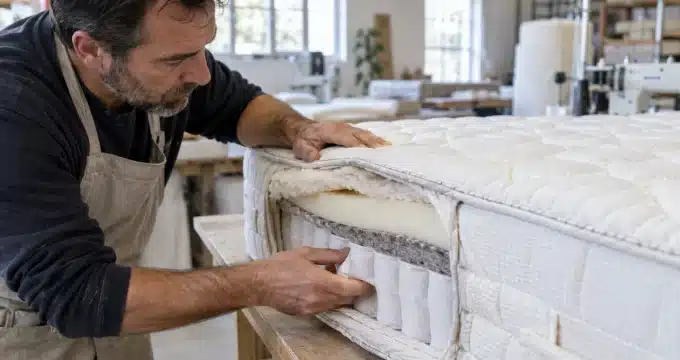 Artisan contrôlant les différentes couches d’un matelas dans un atelier de fabrication